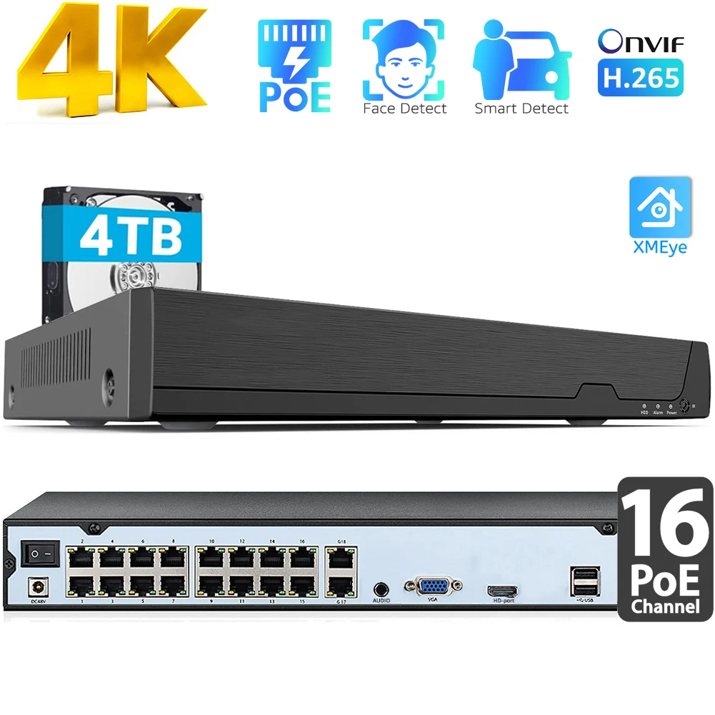 Home Security And Cameras - 16CH 4K POE NVR (8MP/6MP/5MP/4MP/3MP/1080P) POE